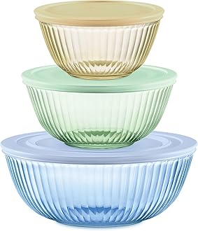 Pyrex Year of Color Sculpted (3-Pack| 1.3 QT, 2.3 QT, 4.5 QT) Tinted Glass Mixing Bowls Set with Lids for Prepping, Baking and Cooking, Preheated Oven, Dishwasher, Freezer, and Microwave Safe