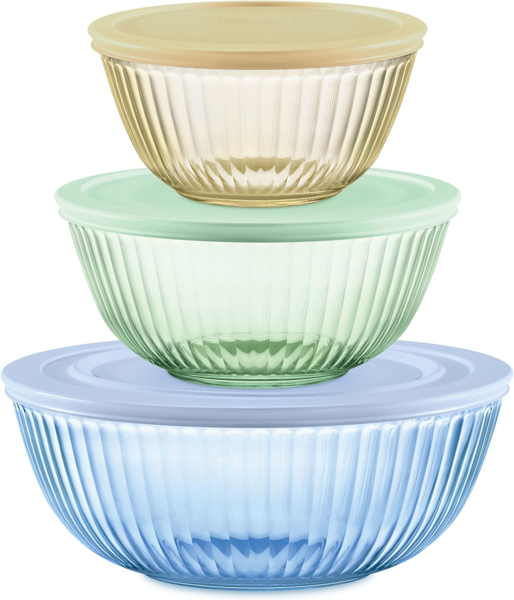 Colors Tinted (3-Pack, Full Set) Sculpted Tinted Glass Mixing Bowls With Plastic Lids, Nesting Space Saving Set of Bowls For Prepping and Baking, 1.3QT, 2.3QT & 4.5QT
