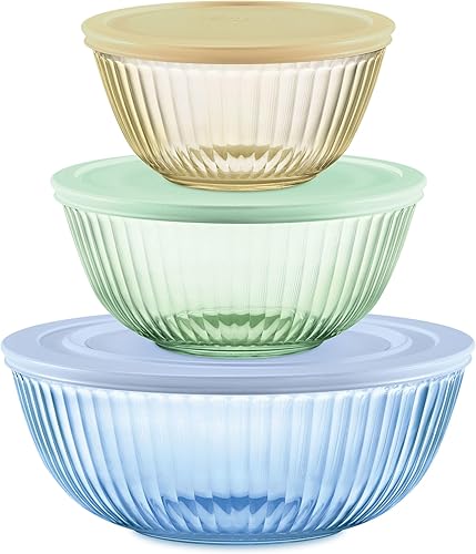 Pyrex Colors - Juego completo de 3 recipientes de vidrio tallado de color para mezclar con tapa, apilables para ahorrar espacio, preparar y hornear,