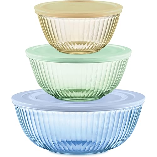 Pyrex Colors Tinted (3-Pack, Full Set) Sculpted Tinted Glass Mixing Bowls With Lids, Nesting Space Saving Set of Bowls For Prepping and Baking, 1.3QT, 2.3QT & 4.5Q