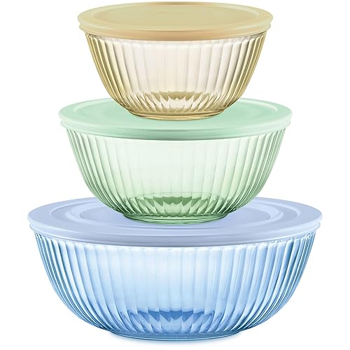 Pyrex Colors Tinted (3-Pack, Full Set) Sculpted Tinted Glass Mixing Bowls With Lids, Nesting Space Saving Set of Bowls For Prepping and Baking, 1.3QT, 2.3QT & 4.5Q - 3 Pack, With Lids - Yellow, Green, Blue