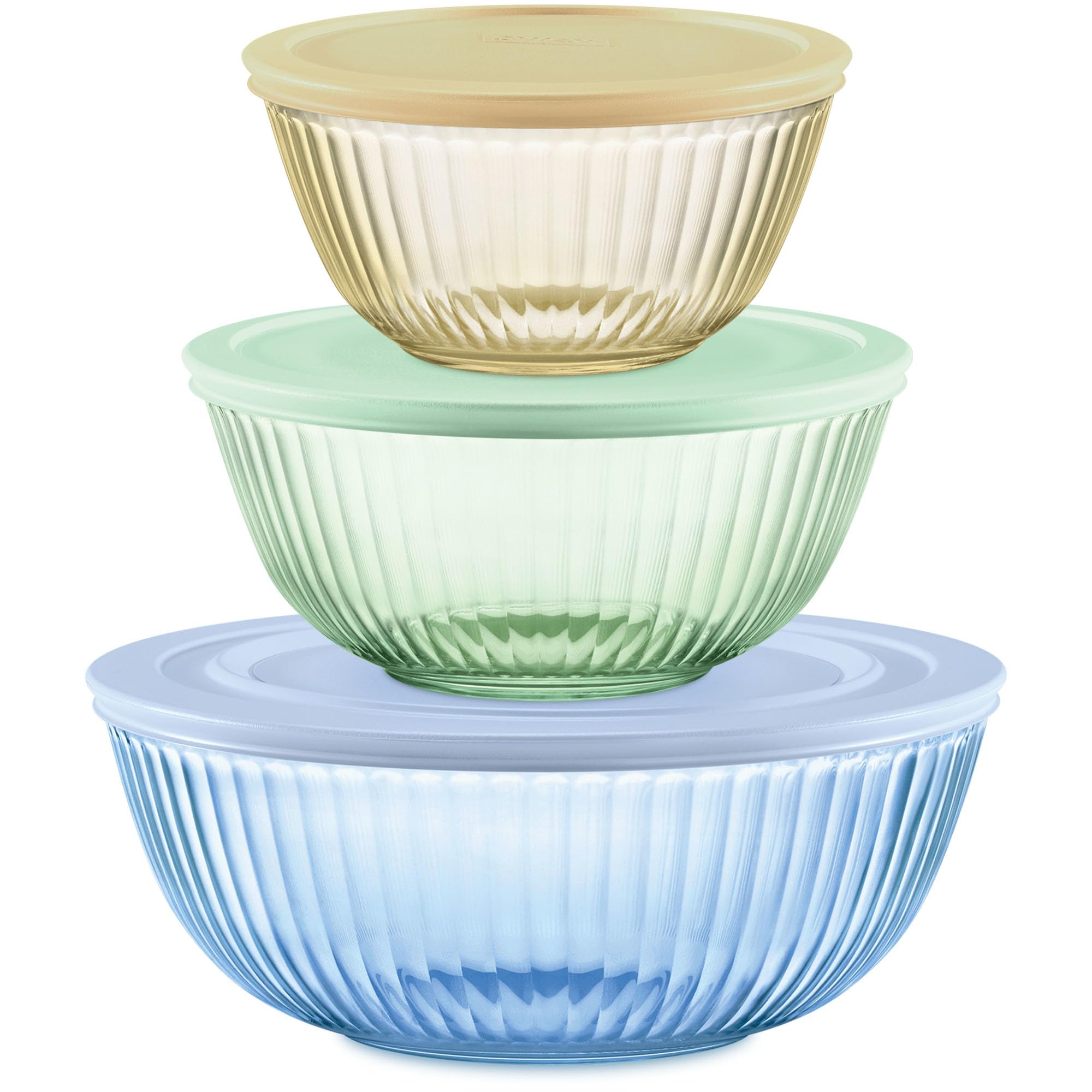 Pyrex Sculpted Tinted 6-PC Full Set, Small/Medium/Large Glass Mixing Bowls With Lids, Nesting Space Saving Set of Bowls For Prepping and Baking, 1.3QT, 2.3QT & 4.5QT
