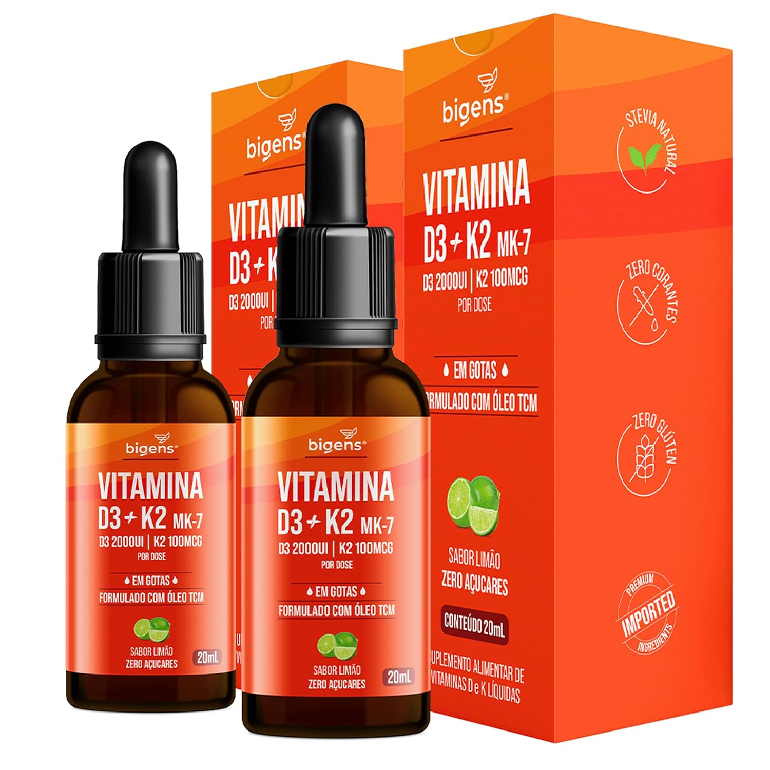 Vitamina D3 + K2 MK-7, em Gotas, D3 2000UI | K2 100mcg, sabor limão, Biogens, Kit 2x 20ml