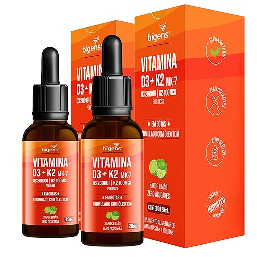 Vitamina D3 + K2 MK-7, em Gotas, D3 2000UI | K2 100mcg, sabor limão, Biogens, Kit 2x 20ml