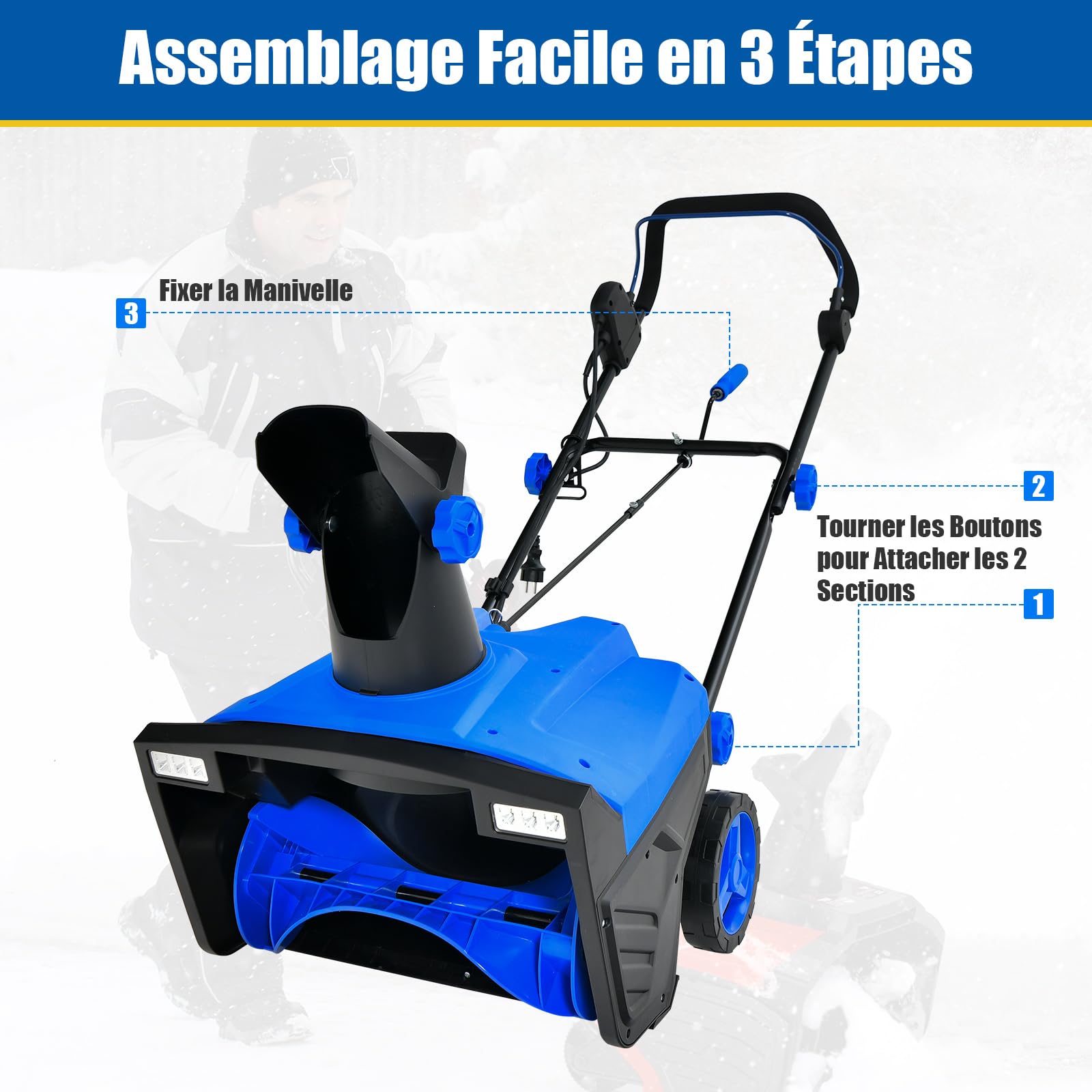 COSTWAY Déneigeuse Électrique avec 2 Lumières LED, Souffleuse à Neige Filaire 15 A 500 mm avec Goulotte Rotative à 180° Distance de Projection 9 m, pour Jardin Cour (Bleu)
