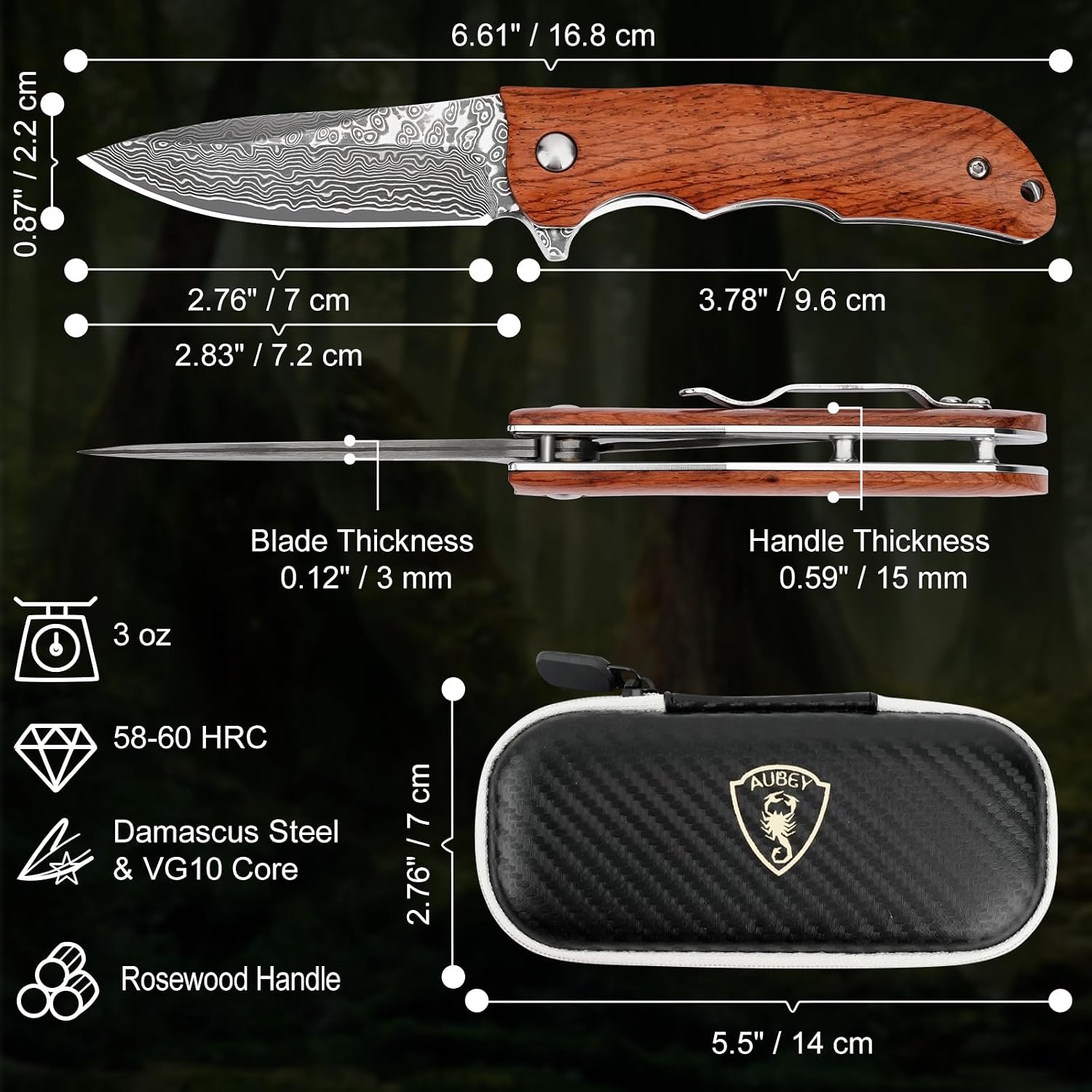 AUBEY Damascus Pocket Knife with VG10 Core, Wooden Handle, EDC Folding Knives for Men Outdoor Camping Collection Gift