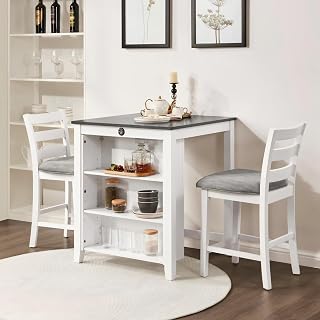 36" Modern Dining Table Set for 2 with Charging Station & 3-Tier Adjustable Storage, Space-Saving Kitchen Set with Upholstered Chairs for Small Spaces, Apartment (Off White, 36")