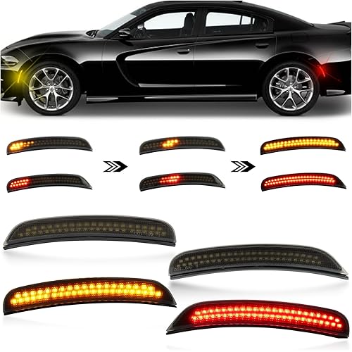 Dynamic LED Side Marker Lights for 2015-2024 Dodge Charger (SXT/Scat Pack/SRT Hellcat) - Sequential Amber Front & Red Rear Turn Signals | 4pc Direct Replacement Kit | Plug & Play