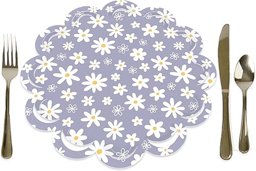 Big Dot of Happiness Flores de margaritas moradas  Decoración de mesa redonda floral para fiesta  Cargadores de papel  Ajuste de lugar para 12