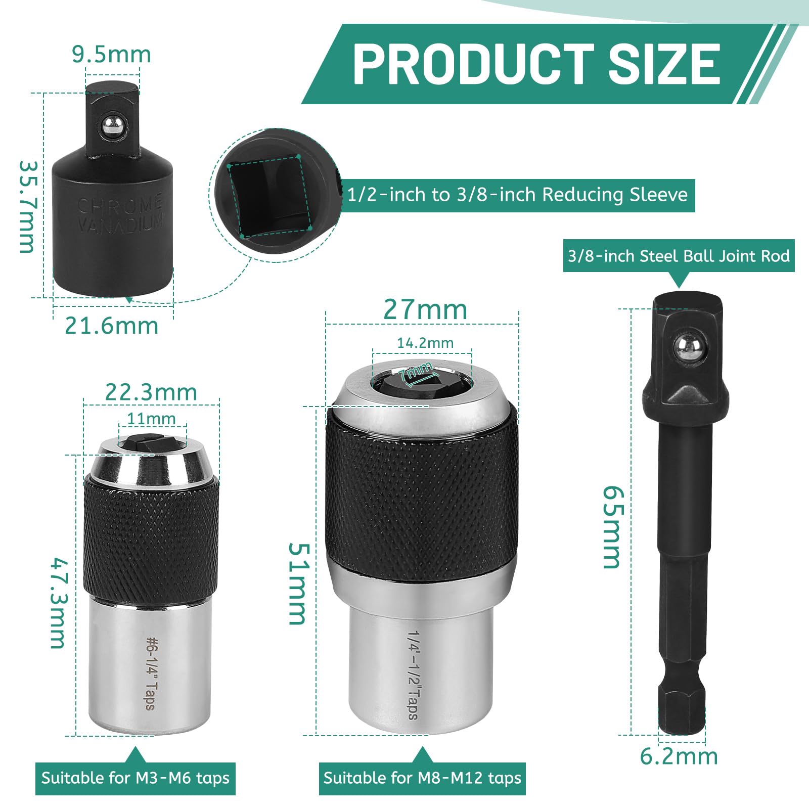 LALAGO 2 szt. regulowanych kluczy nasadowych 3/8 z 2 nasadkami, męski adapter klucza nasadowego z gwintem, regulowana wkładka M3-12, kompaktowy uchwyt na gwint do wyciągania śrub