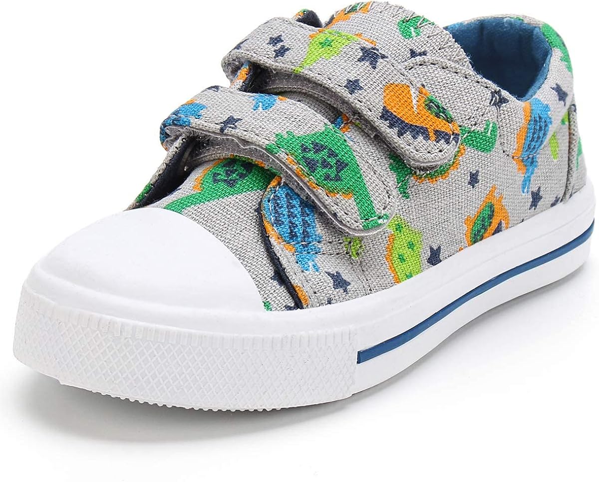 K KomForme Toddler Sneakers for Boys and Girls Cartoon Dual Hook and Loops Sneakers Baby Canvas Shoes, Size 7 Toddler, Grey Dinosaur