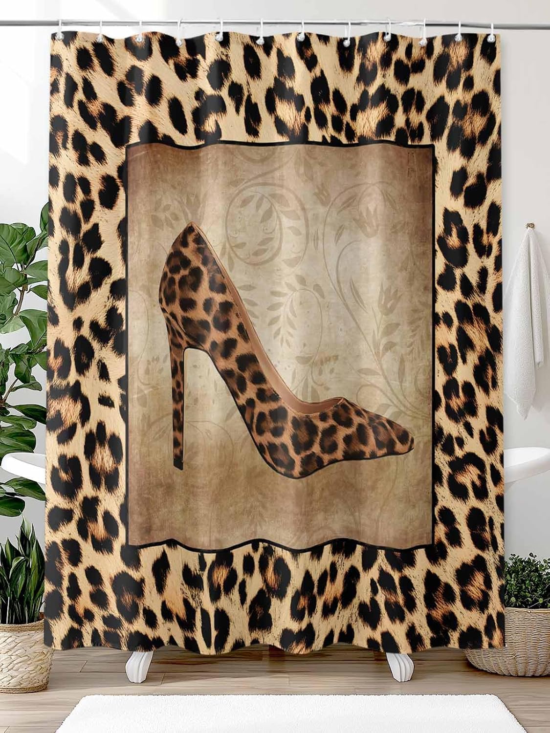 Shower Curtain Sets for Bathroom Wild Animal Skin Leopard Print Home Decor Curtains Waterproof Fabric Machine Washable Curtain Set with Hooks, Sexy Lady High Heels