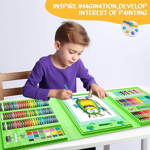 Miniatura 8 de homicozy Suministros de arte para niños de 4 a 12 años, juegos de dibujo de dinosaurios, kits de colorear con caballete triple de doble cara,