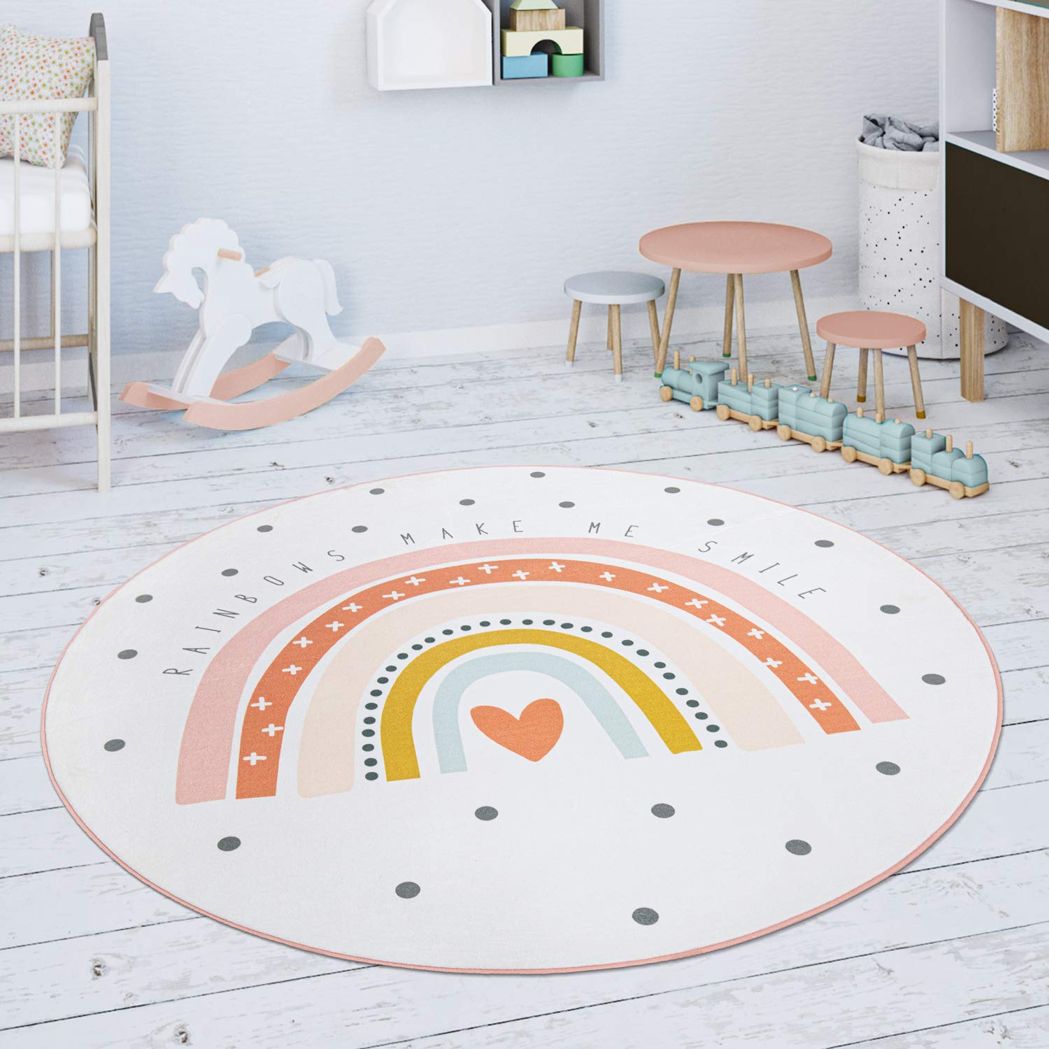 Paco Home Spielmatte Kinderteppich Teppich Kinderzimmer rutschfest Modern Regenbogen Herz Creme Rosa, Grösse:120 cm Rund