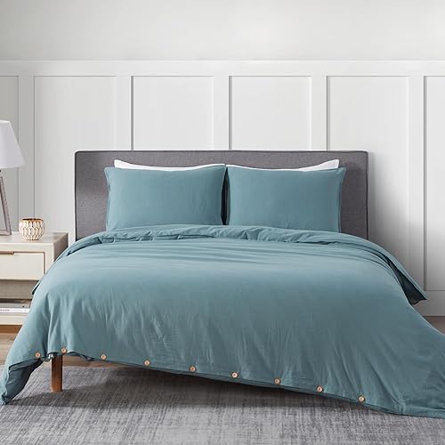 DAPU Juego de funda de edredón de lino tamaño Queen, juego de ropa de cama ligero lavado con cierres de botones, 3 piezas hipoalergénicas de mezcla