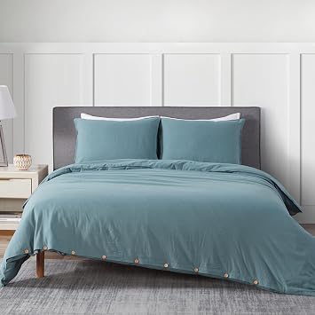 DAPU Linen Duvet Cover Queen, Washed Lightweight Bedding Set with Buttons Closures, 3 PCs Hypoallergenic Soft Linen Cotton Blend Duvet Cover Set with Multiple Corner Ties Bluish Grey, Queen/Full