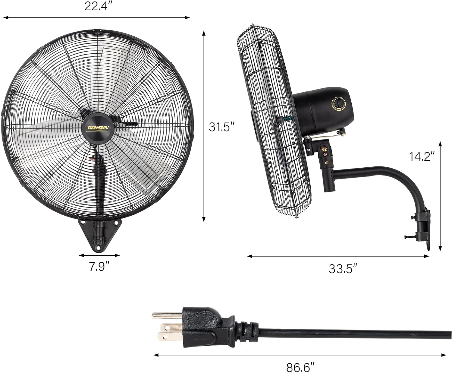 Diagram showing the dimensions of the ROVSUN 30-inch wall mounted fan