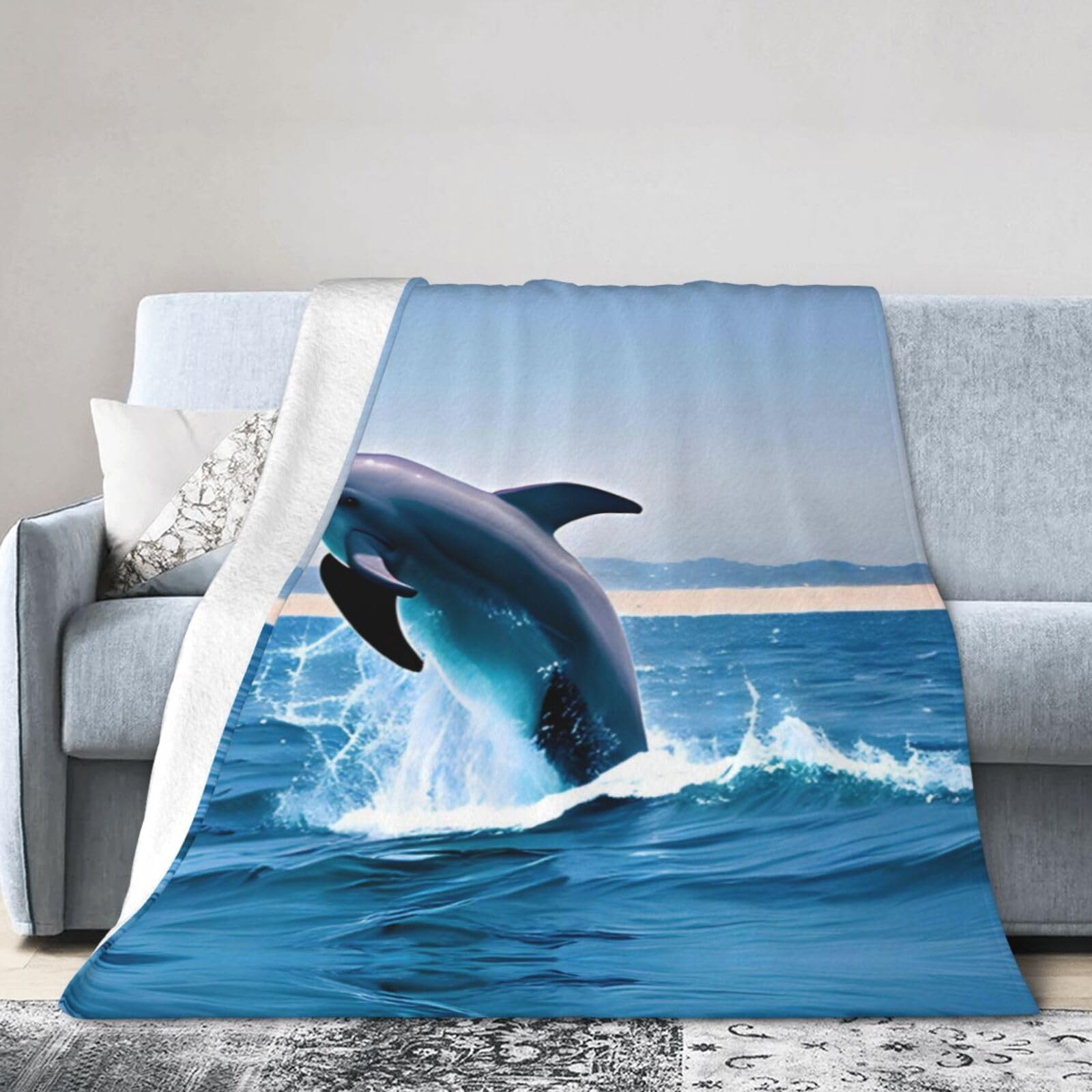 Jumping up Dolphins 40"x30" Fleece Blanket, Full Size, Super Soft, Suitable for Bed, Sofa, Camping, All Seasons