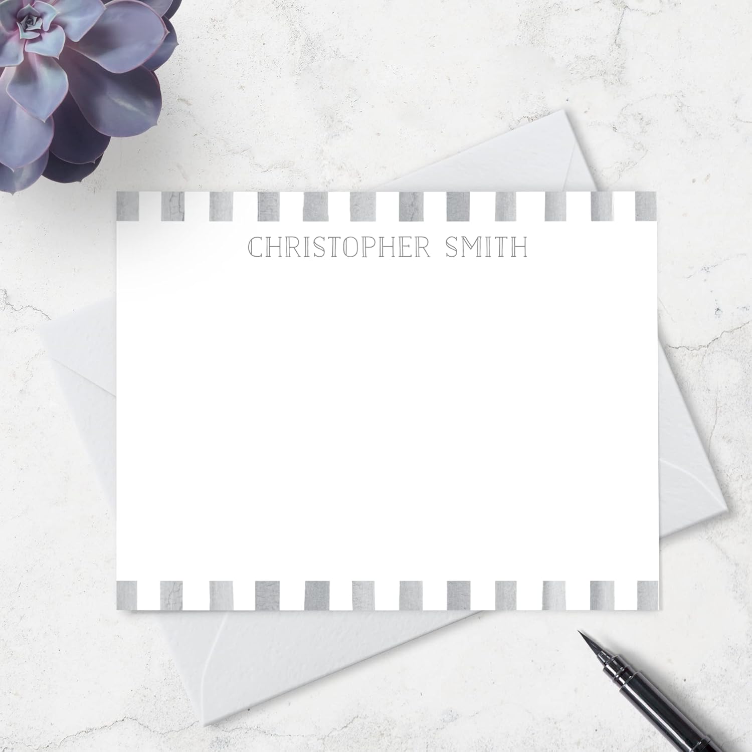 Personalized Stationery Note Card & Envelope Set for Children, Watercolor Stripe Border Design Personalized with Name in Cute Font, Thank You Card Stationery for Kids (Gray)