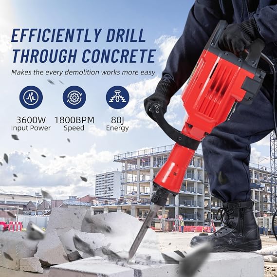 3600W Demolition Jack Hammer, Electric Jack Hammer with 6Pcs Chisels Bit Set, Heavy Duty Power Hammer Metal Concrete Breaker Jack Hammer Electric Tool Kit with Case & Gloves, High Power & Durable
