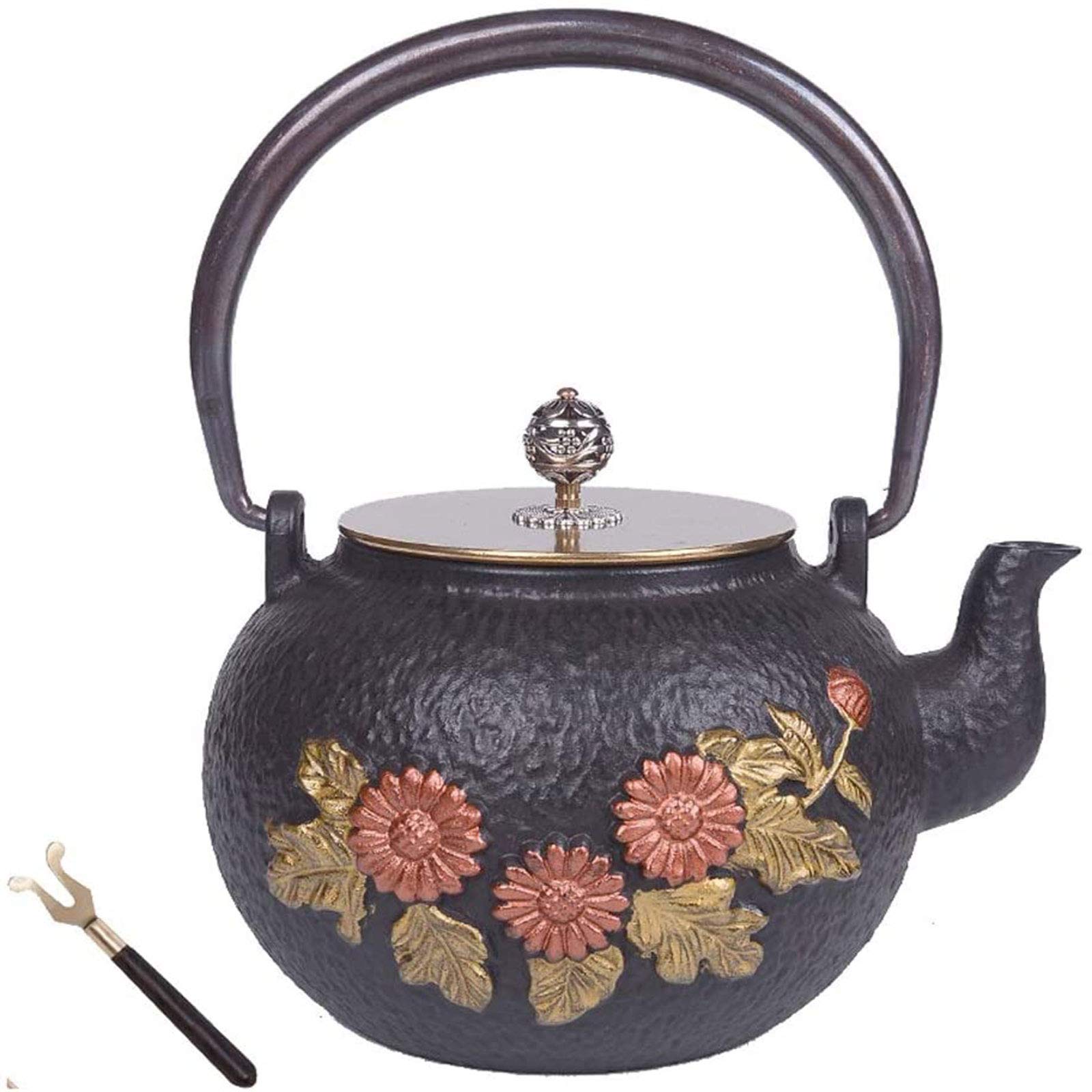 MGEMJMJ 1200ML Cast Iron Tea Kettle With Pure Copper Handle, Anti Rust Japanese Tetsubin Teapot Sunflower Pattern, For Electric Ceramic Stove Heating, Black