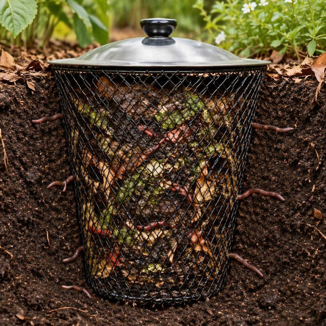 10L Unterirdisch Wurmkomposter Metall mit Deckel,4/6/8 Stück Küchen&Gartenabfälle Beetkomposter aus Metallgitterkörbe für Hochbeet, Garten, Hof und Außenbereich,Silber,4 Set