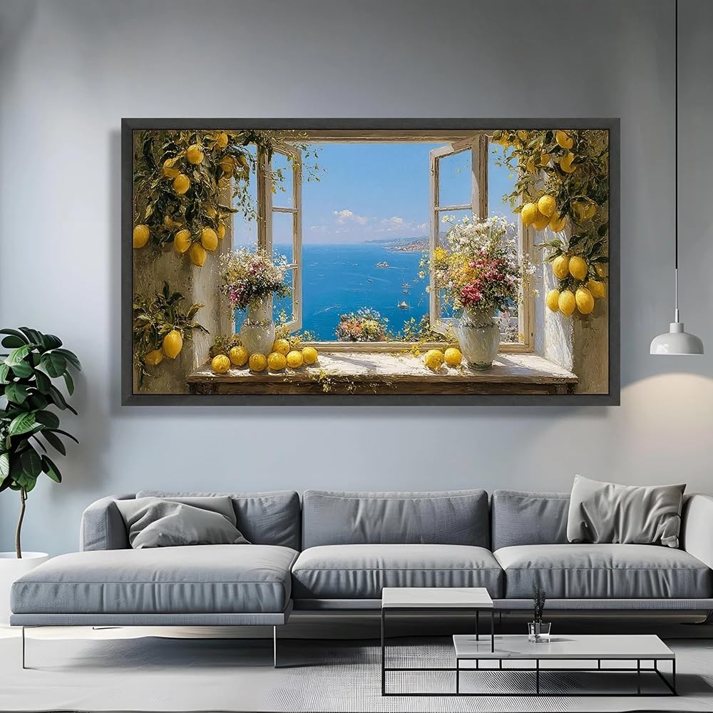 Dittelle Canvas Mediterranean Sea View, Wall Art Open Window, Lemon Tree and Flower Still Life, Coastal Home Living Room Decor(30x60cm/Frameless)