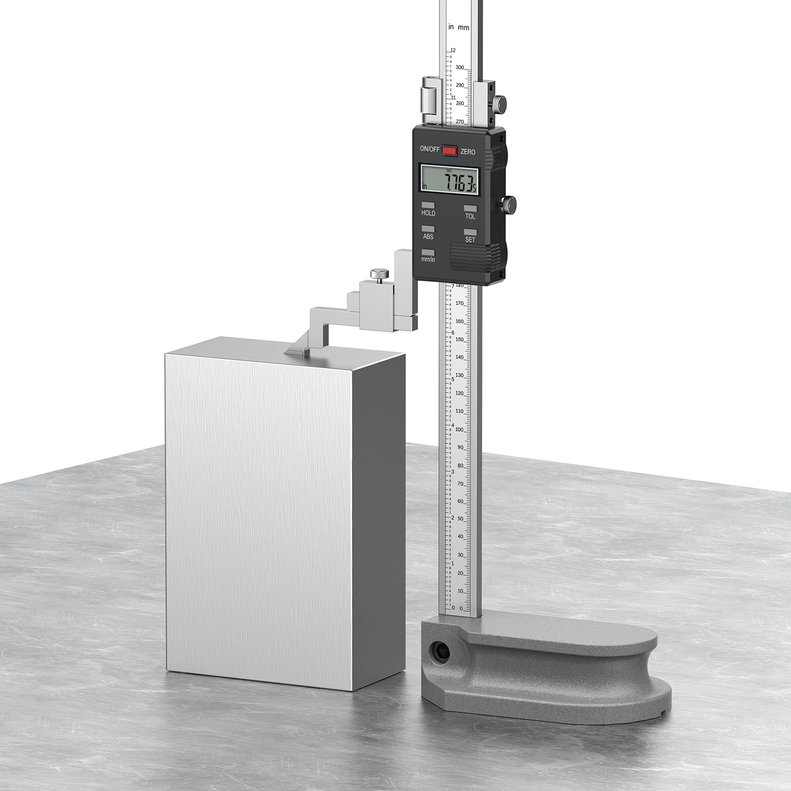 HDLNKAK Medidor de elevación digital de 12in / 300 mm con resolución de 0,0013 cm, modos de medición dobles (ABS/INC), base de hierro fundido duradera, viene con funda de transporte y baterías