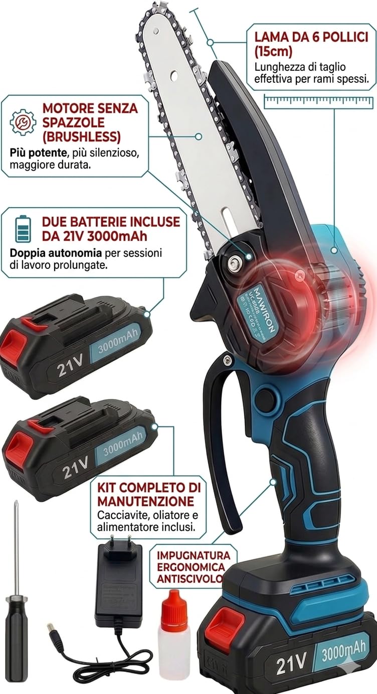 MS2 Motosega elettrico a Batteria portatile Ricaricabile, Potatore alberi e da giardino, Mini Motosega 6 Pollici senza fili Lama 15cm con doppia batteria da 24V