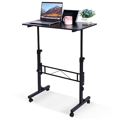 Standing Desk Adjustable Height, Mobile Stand Up Desks with Wheels Small Computer Desk Rolling Desk, Portable Laptop Desk Black Standing Table Sit Stand Home Office Desks 16"x31.5" Height 27"-43.5"