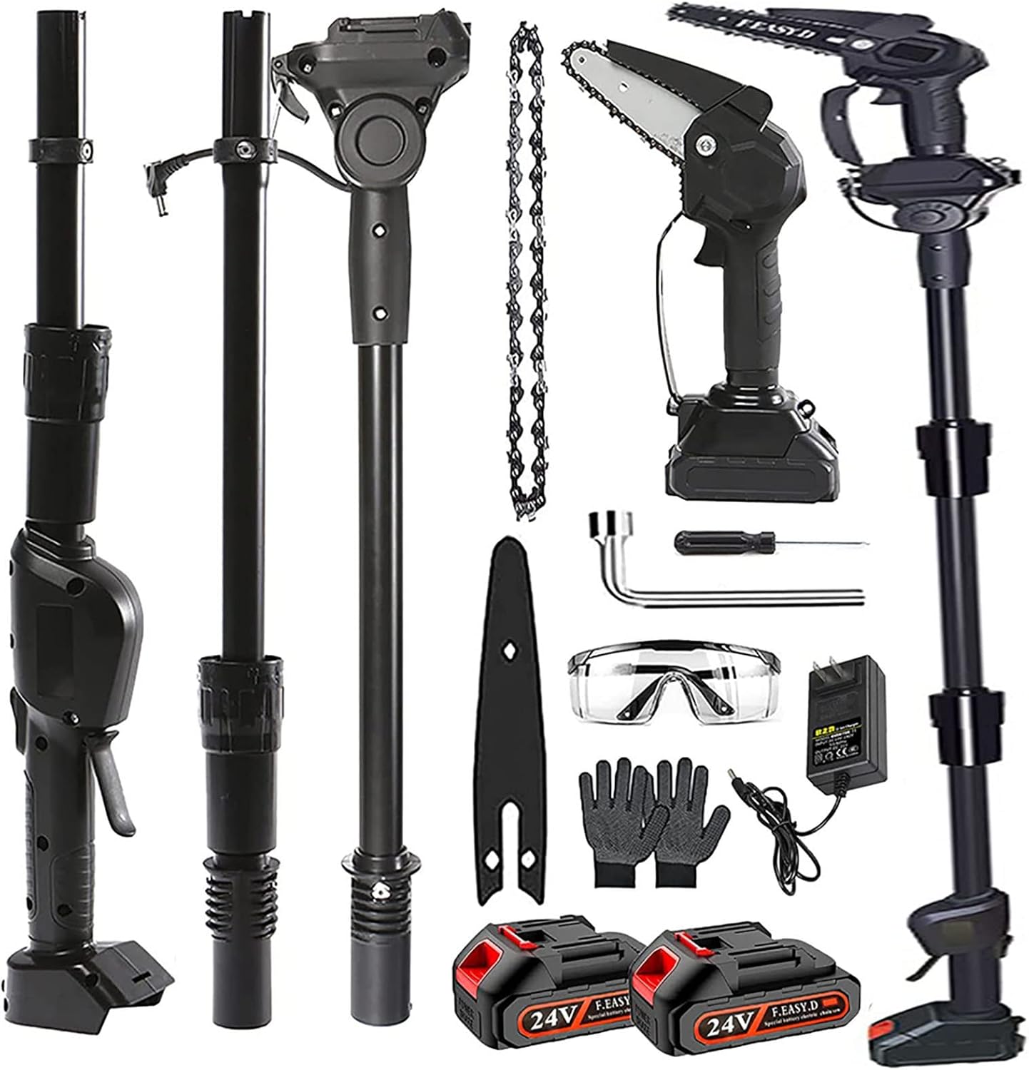 brushless pole saw 2-in-1and mini chainsaw,6" cutting cordless power pole saw, 225cm-foot max, 21v 3.0ah li-ion battery, 6 lb lightweight, multi-angle chainsaw for wood cutting, trimming (2.2m)