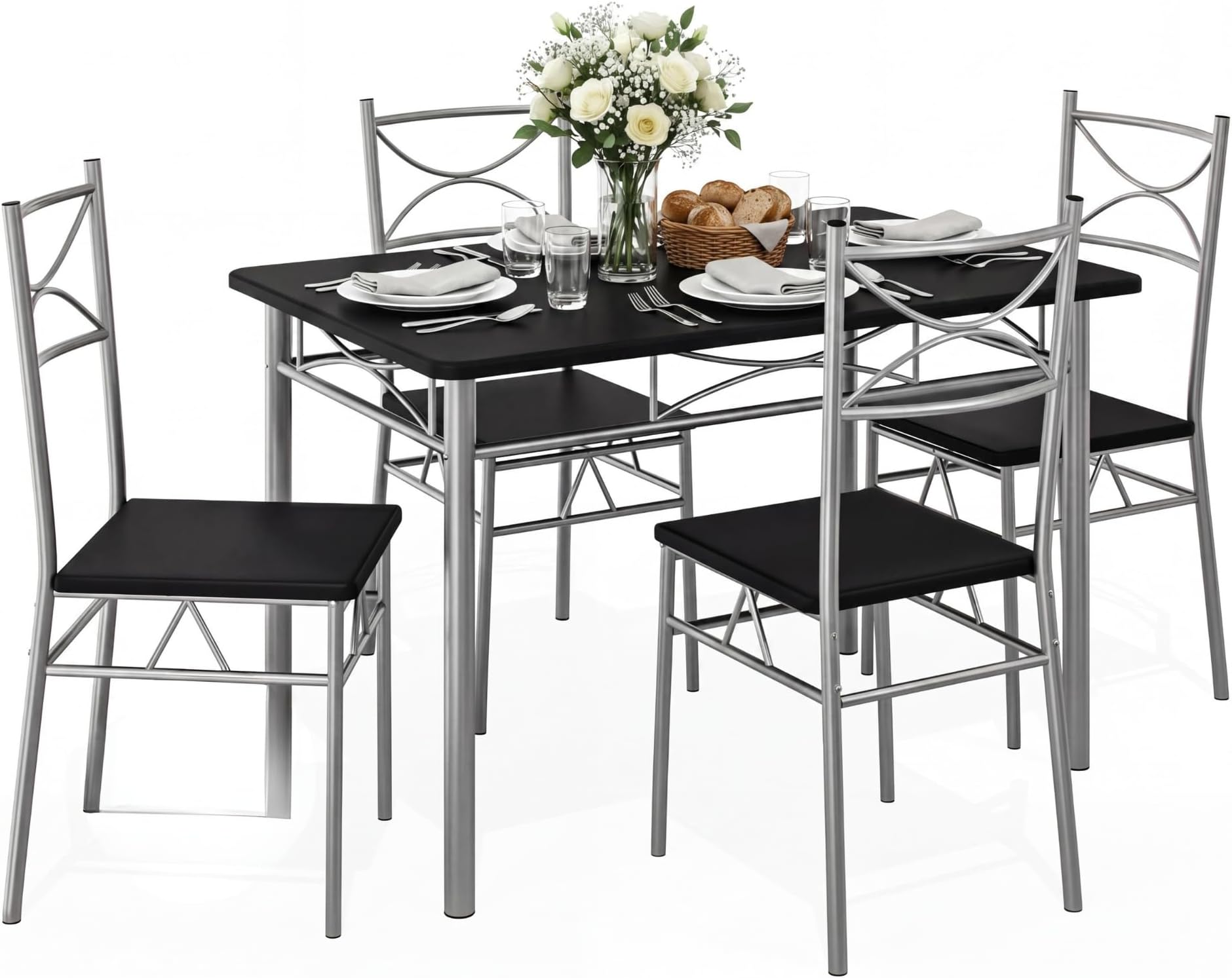 CASARIA® 5 Piece Dining Table and Chairs Set 4 | Dining Table & Dining Chairs Set of 4 | Home and Kitchen | Modern Table and Chairs | Dining Chairs Dining Table Dining Kitchen Set | Black & Silver