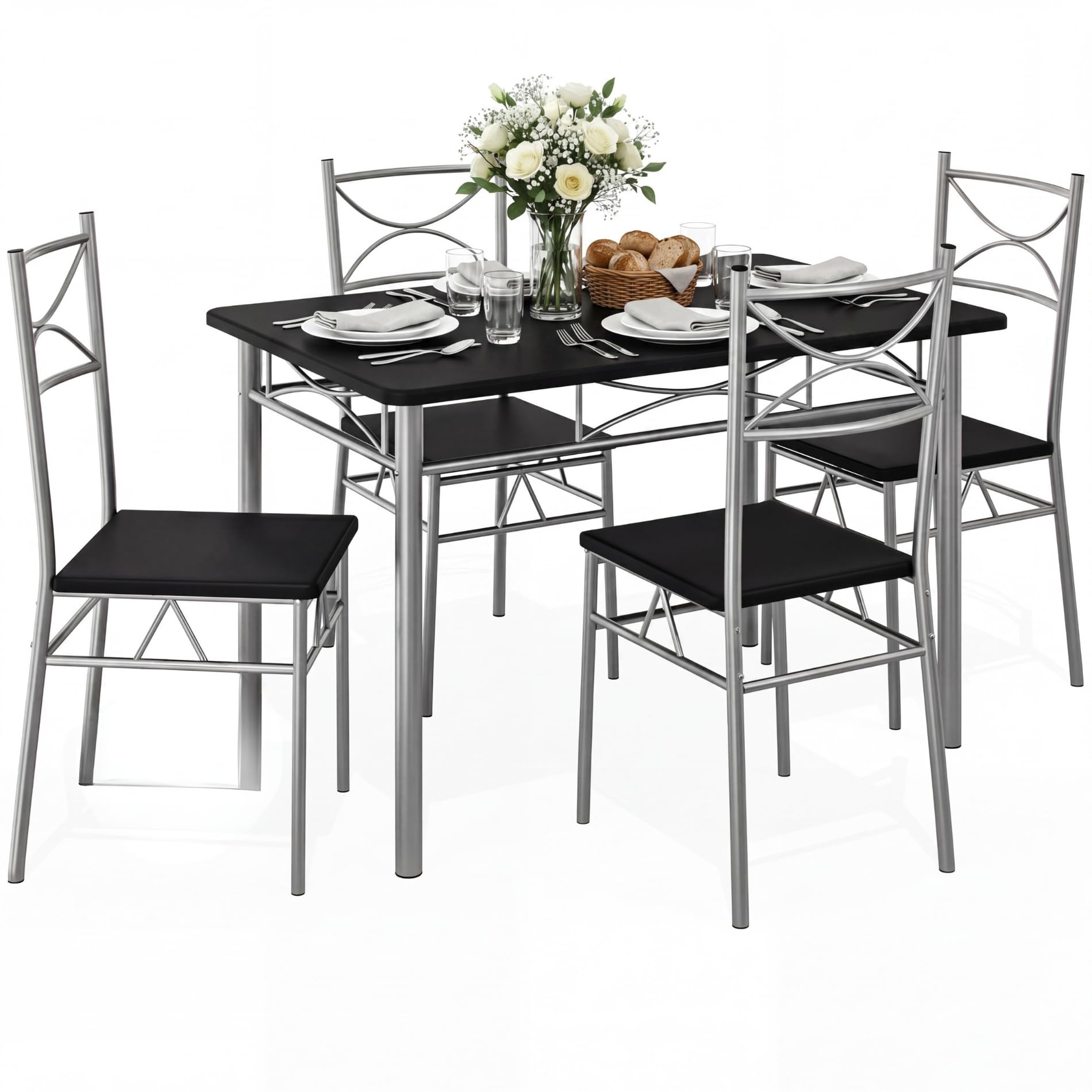 CASARIA® 5 Piece Dining Table and Chairs Set 4 | Dining Table & Dining Chairs Set of 4 | Home and Kitchen | Modern Table and Chairs | Dining Chairs Dining Table Dining Kitchen Set | Black & Silver — image 1