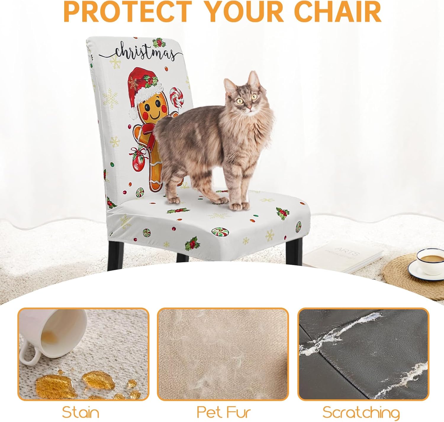 Christmas Chair Cover Set of 6 Gingerbread Winter Dining Room Slipcovers Stretch Parsons Chair Seat Protectors Xmas Holiday Decor-6PCS