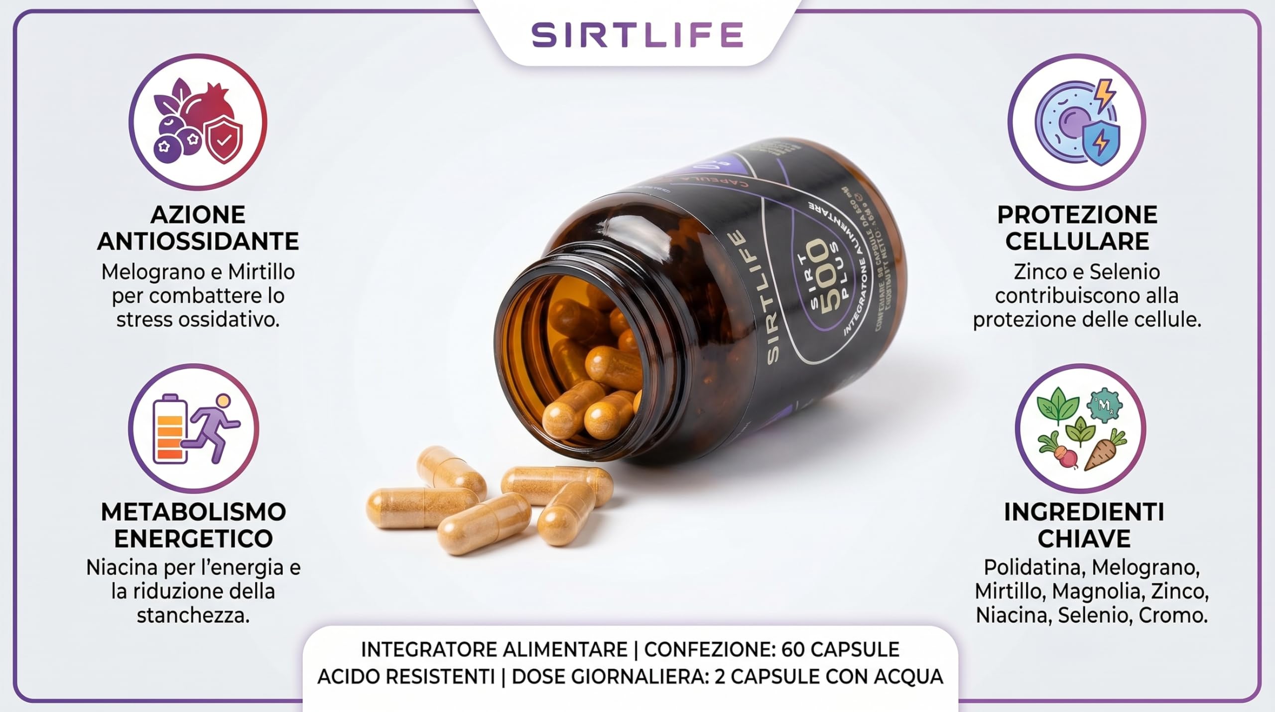SIRT500 Plus, integratore alimentare naturale attivatore di Sirtuine, migliora il metabolismo e rallenta l’invecchiamento. 60 capsule