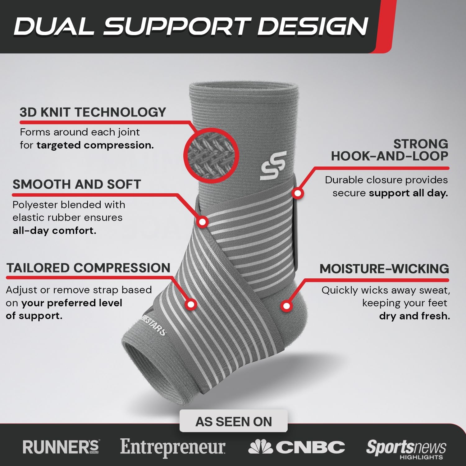 Sleeve Stars Ankle Brace for Women & Men, Ankle Wrap for Sprained Ankle, Compression Sleeve for Plantar Fasciitis Relief, Easy Customizable Support: w/Removable Strap (Single/S:9"-10"/Gray) - Image 2