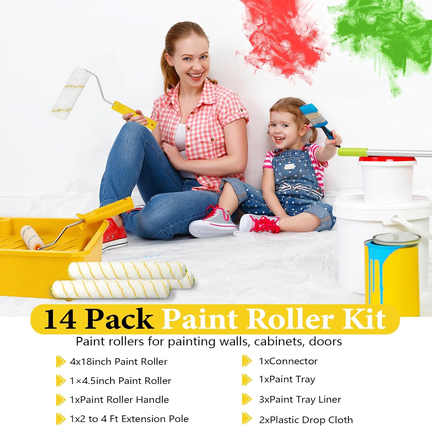 18 Inch Paint Roller Kit, 14 Pack Paint Roller Set with 2-4 Ft Extension Pole, Paint Tray Liners with Plastic Sheeting for Painting Walls Ceilings House Corner Stain (White and Yellow)