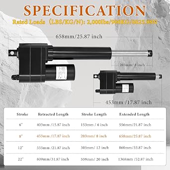 8 Inch Stroke 12V Linear Actuator 2000 lbs Force
