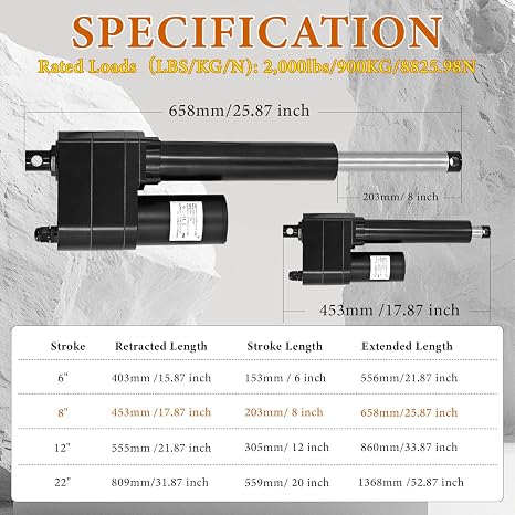 8 Inch Stroke 12V Linear Actuator 2000 lbs Force