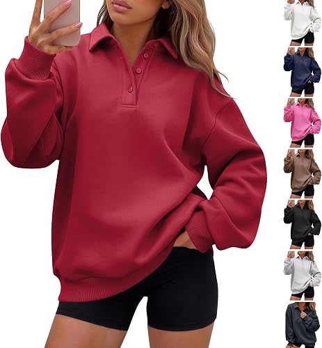 Henley Shirts for Women Fleece Button Up Collared Oversized Sweatshirts