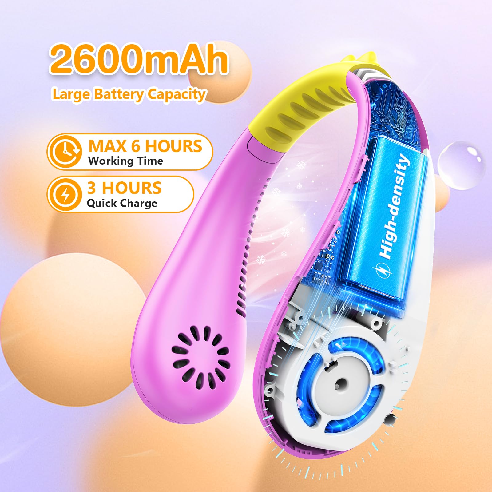 Kkdi Ventilatore da collo per bambini, portatile, senza pale, per bambine e ragazzi dai 4 ai 14 anni, 2600 mAh, USB, mini ventilatore di raffreddamento per viaggio/campeggio/studio, 4 velocità,