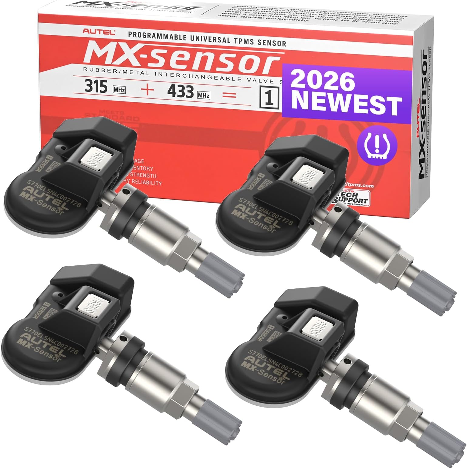 TPMS Sensors Set of 4, MX Sensor, MaxiTPMS Tire Pressure Sensor 2 in 1 (315MHz + 433MHz) Press-in OE Sensor Programmable by TS408S TS501Pro TS508WF TS608 ITS600 MP900TS MS906PRO-TS (Metal Valve)