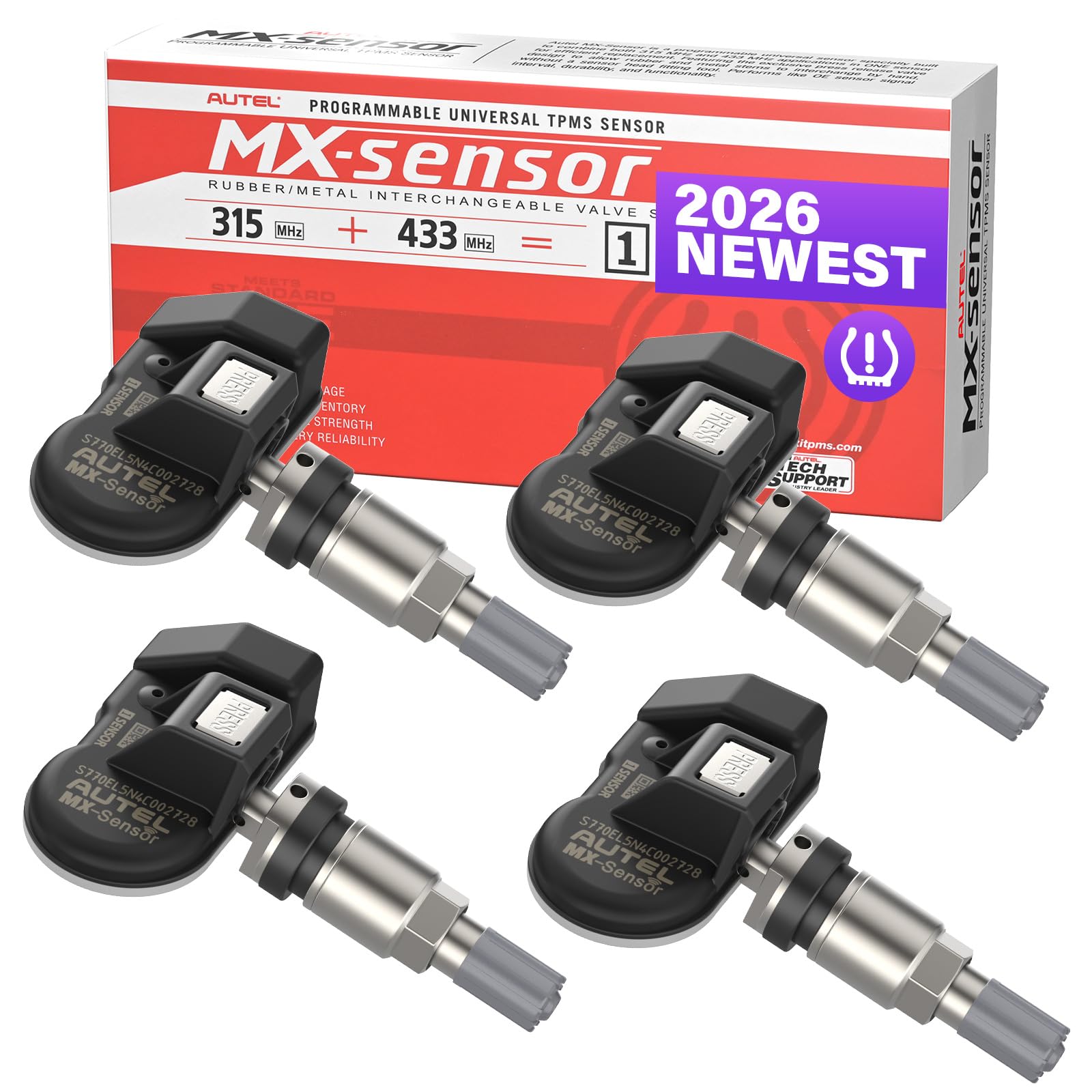 Autel TPMS Sensors, Tire Pressure Sensors, MX Sensor, 2 in 1 (315MHz + 433MHz) Press-in OE -Level Programmable by MaxiTPMS TS408S TS501Pro TS508WF TS900 ITS600 MP900TS MS906PRO-TS (Metal Valve 4 Pack)