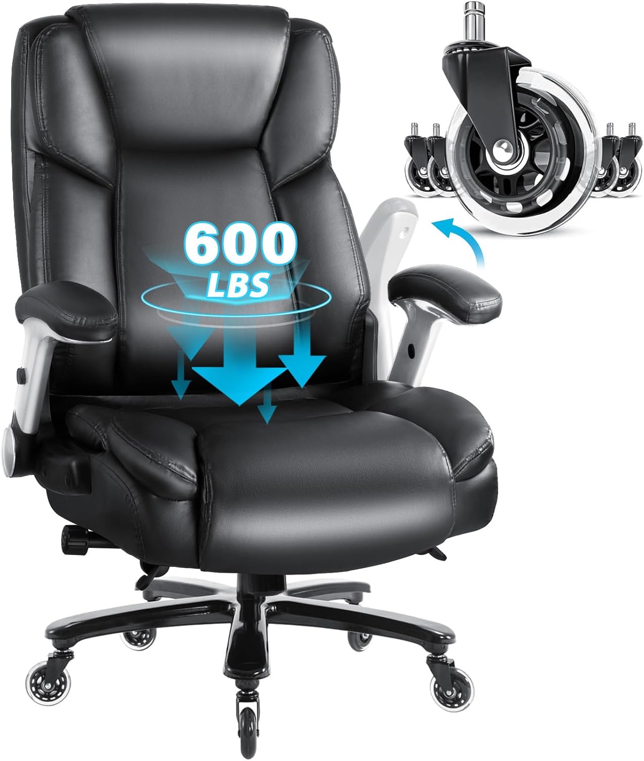 LEMBERI 600 lbs Big and Tall Office Chair, Ergonomic PU Leather Executive Comfy Desk Chair with Back Support, Heavy Duty Extra Wide Seat Thick Padded Chairs (Black)