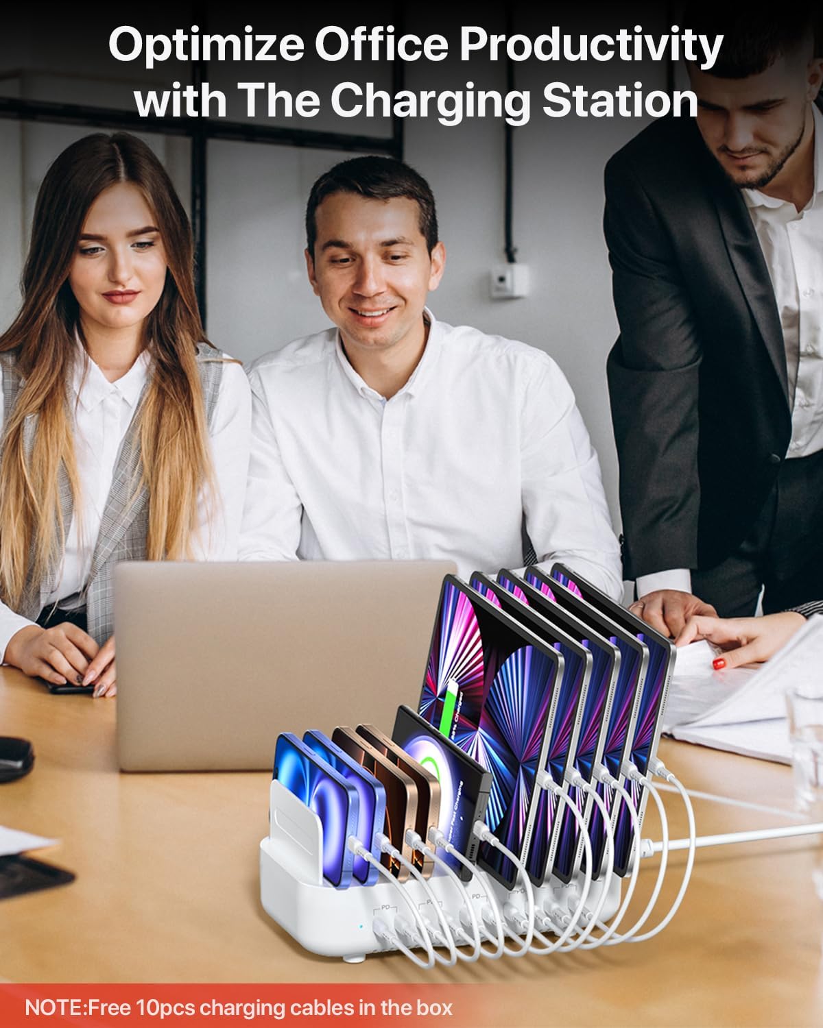 SooPii 100W 10-Port USB Charging Station, 10 USB-C PD Fast Charging Compatible with Phone,lPad,Galaxy, and Other Electronics, 10 Mixed Charging Cables Included (White)