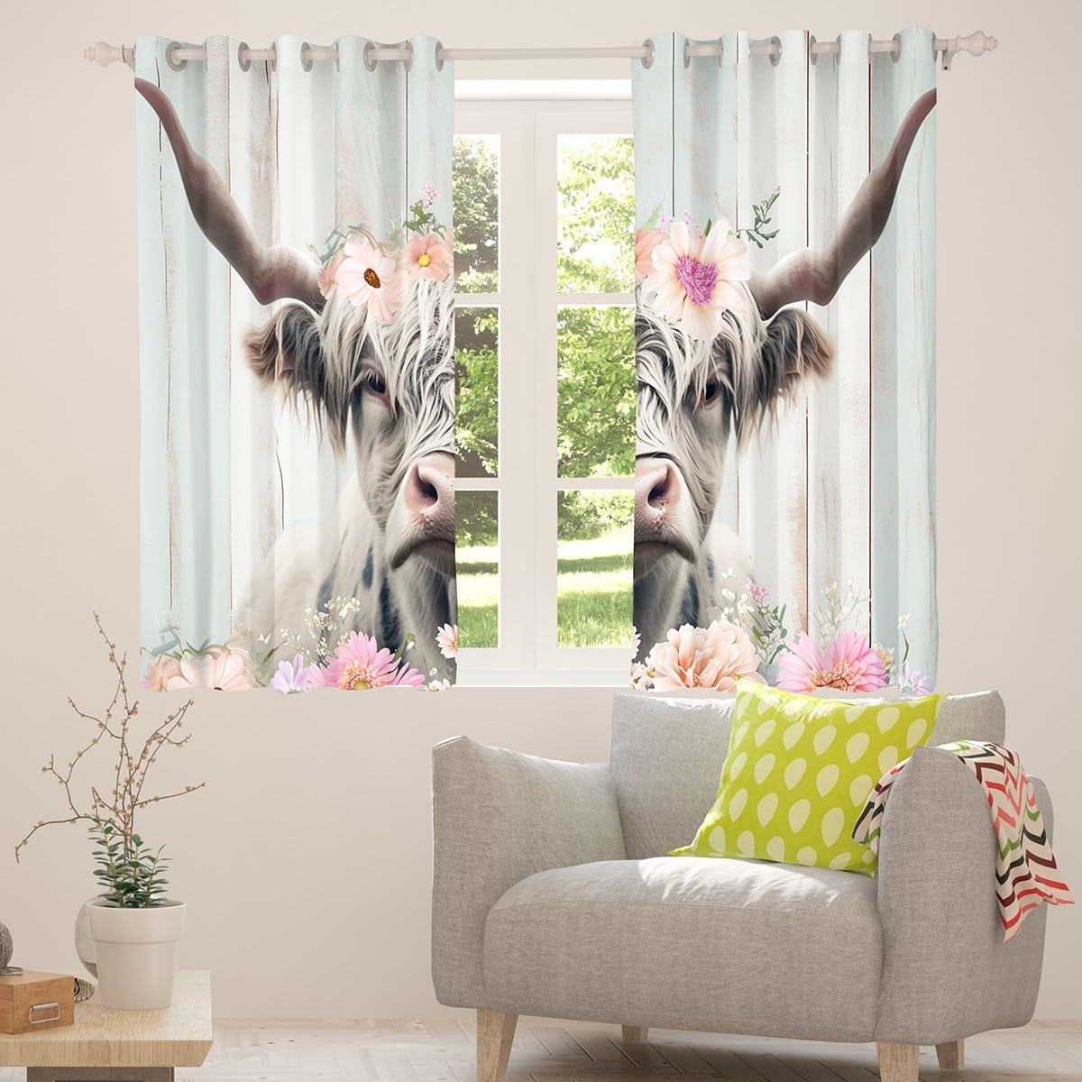 Feelyou Kids Pink Floral Highland Cow Window Curtains Highland Cattle Darkening Drapes Pink Floral Western Cow Bull Blackout Curtains Boys Farmhouse Window Treatments (2 Panels, 38 x 45 Inch)