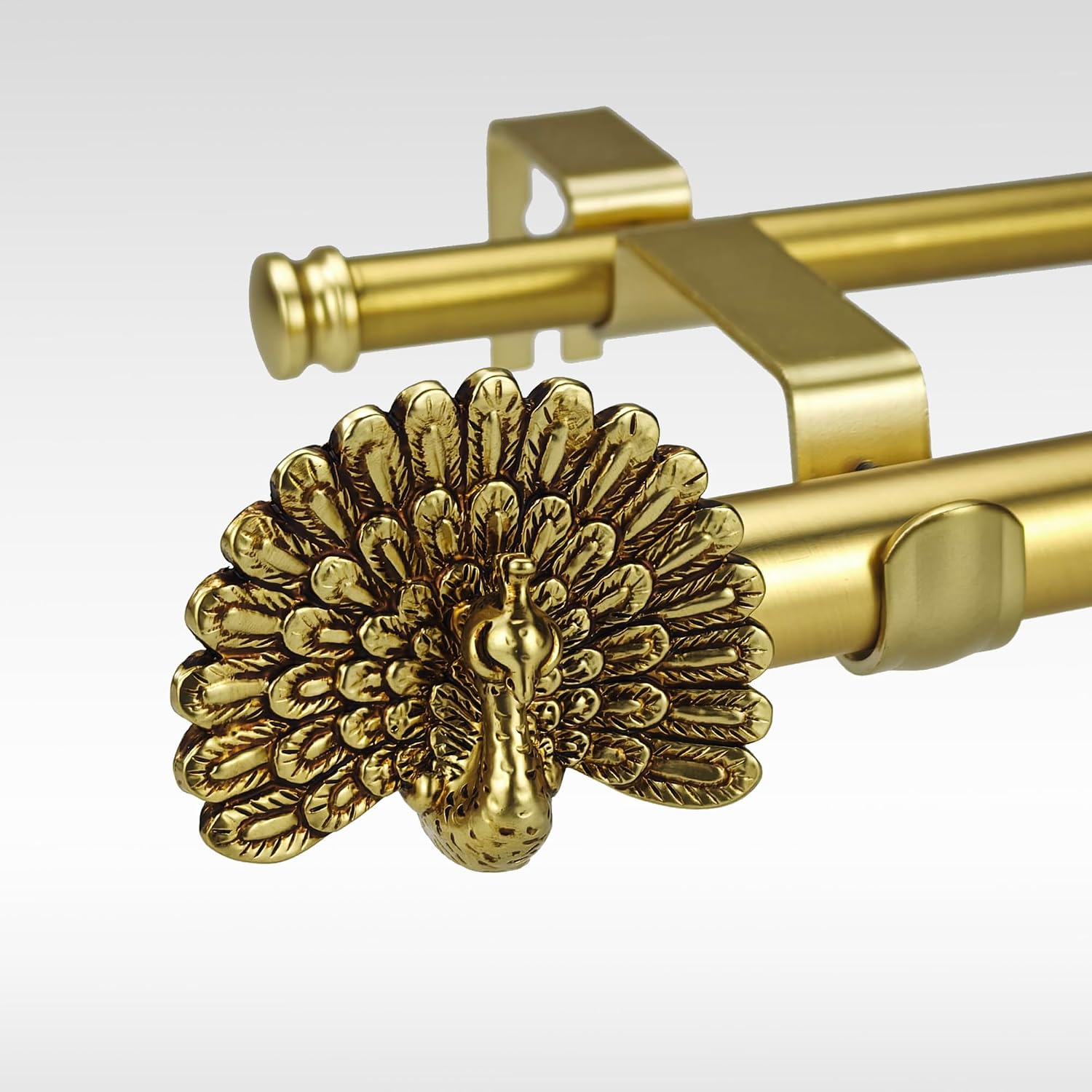 1-1/8 Inch Double Curtain Rods 36 to 72 Inches Adjustable Drapery Rods for Window width 24 to 68 Inches, Carved Peacock Finials, Brushed Gold