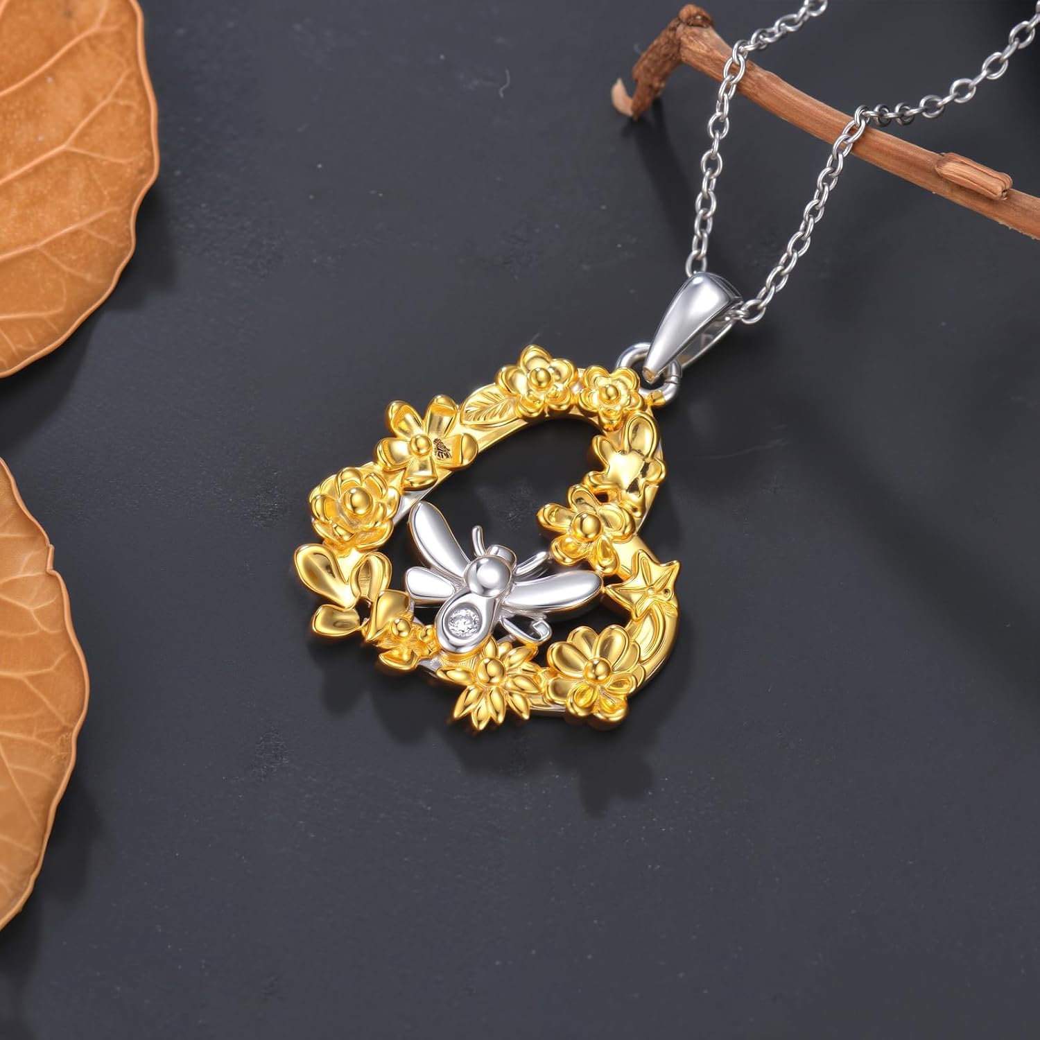 Bee Necklace for Women Sterling Silver Bumble Bee Heart Pendant Necklace with Flowers Jewelry Mothers Gifts - Image 3