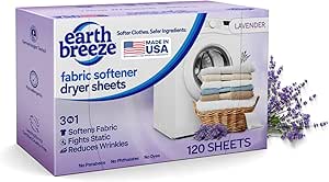 Earth Breeze Fabric Softener Dryer Sheets – Lavender, Hypoallergenic, No Harsh Chemicals, Safe Ingredients – Soft Clothes – Static Cling & Wrinkle Reducer – Gentle Fabric Care – Made in USA (1 Pack)