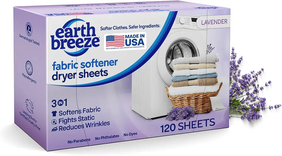Earth Breeze Lençóis de secadora de amaciantes de tecidos – Lavanda, hipoalergênicos, sem produtos químicos agressivos, ingredientes seguros – Roupas macias – Aderência estática e redutor de rugas